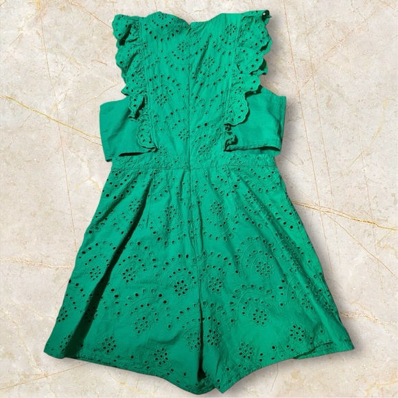 NY&Co Ruffle-Sleeve Eyelet Cotton Romper Emerald Green Size S Babydoll - Picture 4 of 6